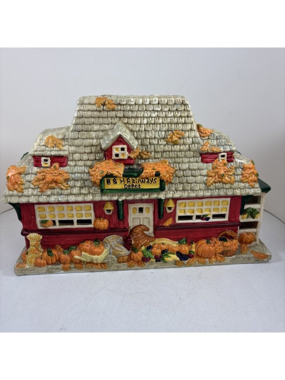 Transfar Co. Ceramic Village Train Stn Autumn & Christmas Light-Up 2-Sided Decor